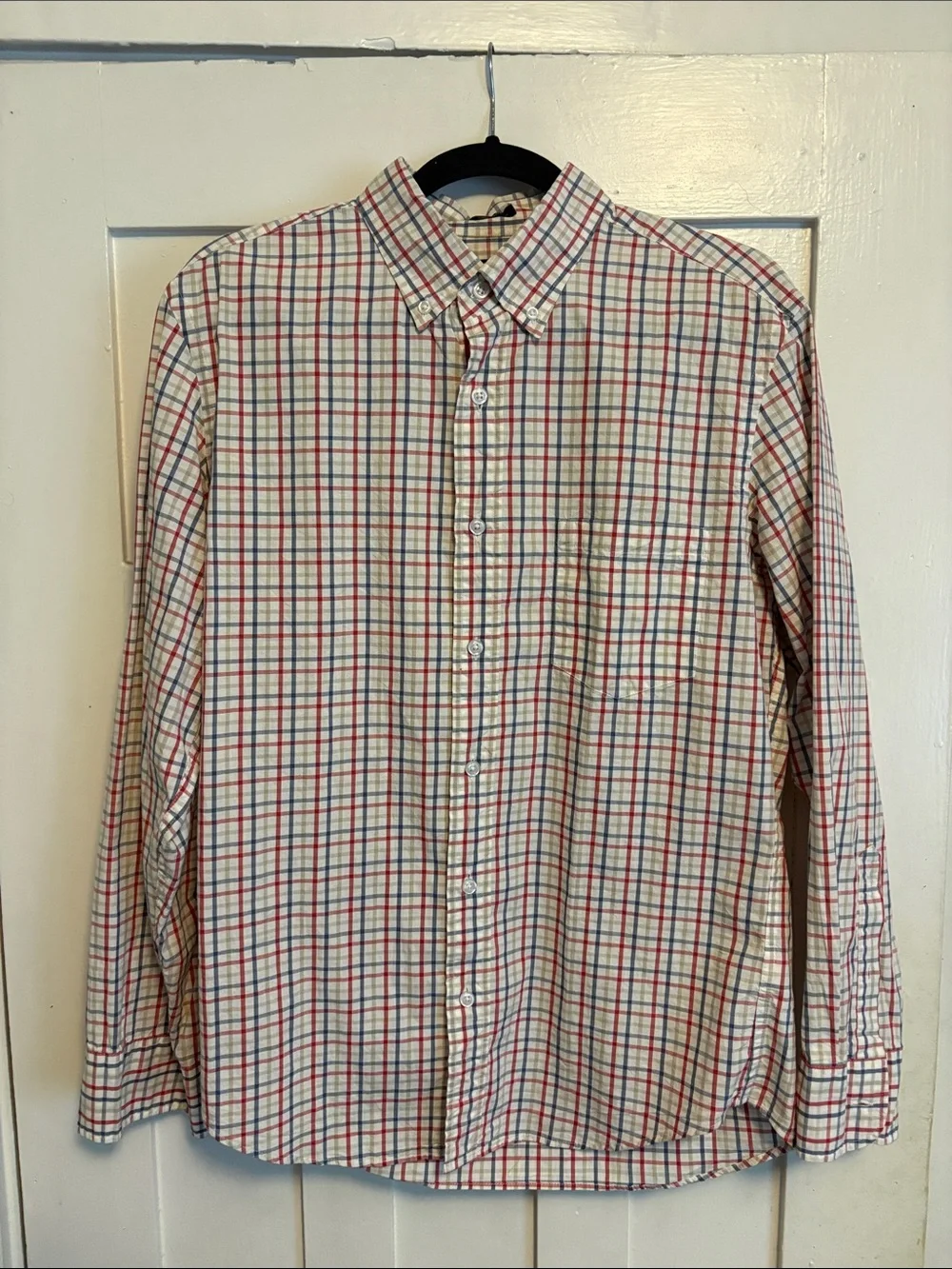 J. Crew Men's White Button-Down Shirt with Red & Blue Plaid